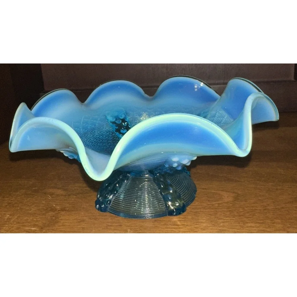 Northwood or Dugan Glass Pedestal Bowl Blue Opalescent Glass Antique 7.5